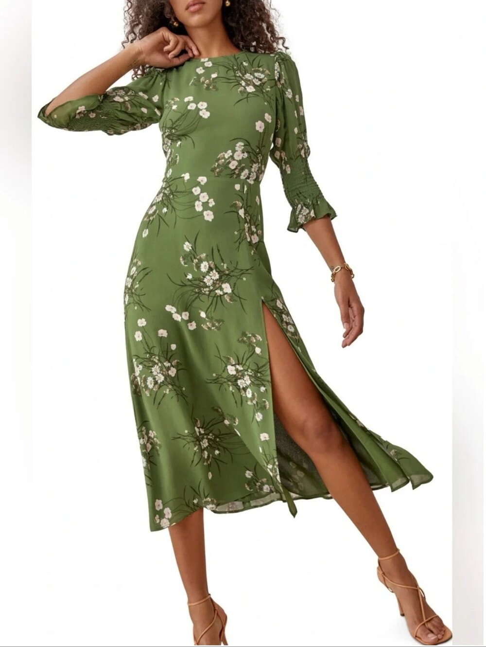 Reformation Carolena Floral Midi Dress 3/4 Sleeves & Side Slit In Lomita Green
